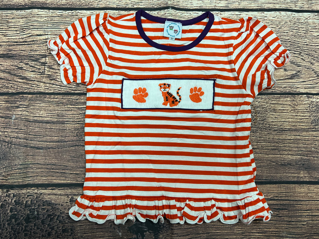 Girl's smocked "TIGER and PAWS" orange striped ruffle short sleeve shirt (6m)