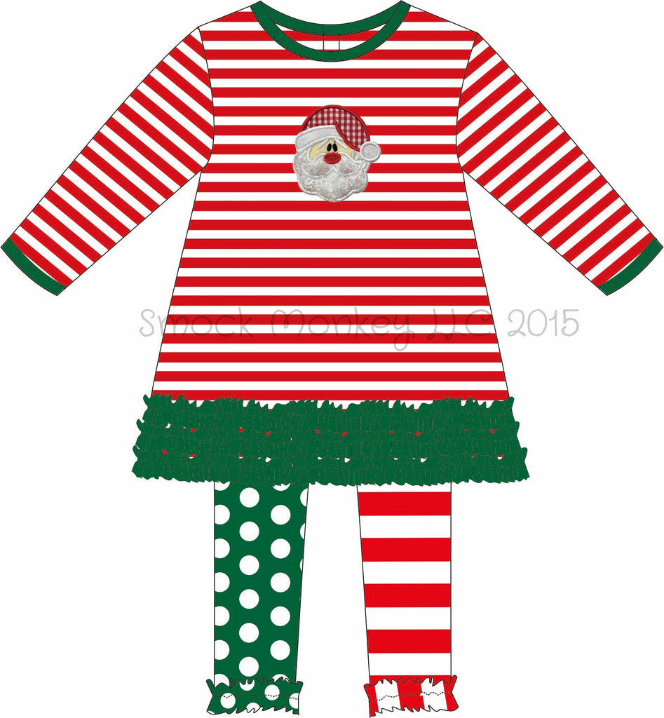 Girl's applique "SANTA" red striped knit swing top and polka dot and striped leggings (6m,9m,12m,24m)