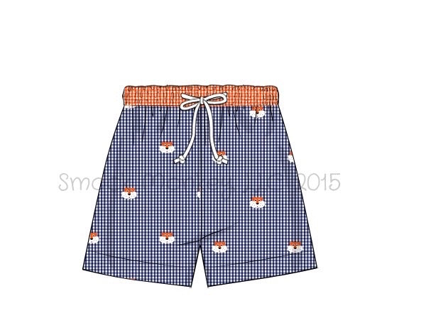 Boy's embroidered "TIGER" navy gingham swim trunks (12m,2t,6t,10t)