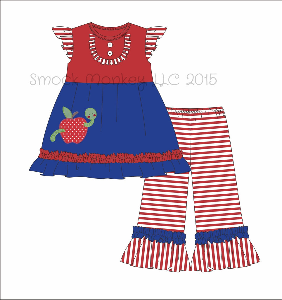 Girl's applique "WORMY APPLE" red and royal blue swing top with red striped knit ruffle pant set (2t,3t,8t,10t)