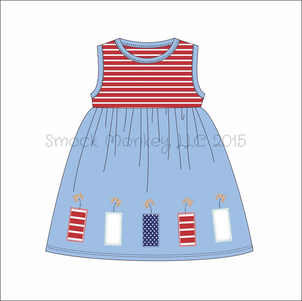 Girl's applique "FIRECRACKERS" red striped and blue knit swing dress (9m)