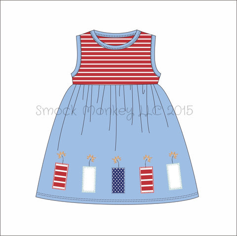 Girl's applique "FIRECRACKERS" red striped and blue knit swing dress (9m)