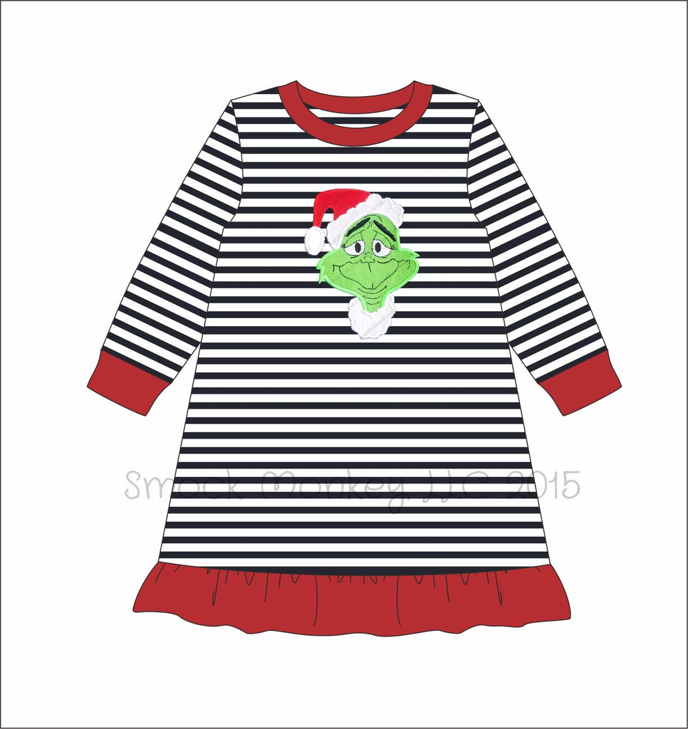 Girl's applique "MEAN ONE" knit black striped long sleeve ruffle dress (2t to 12t)