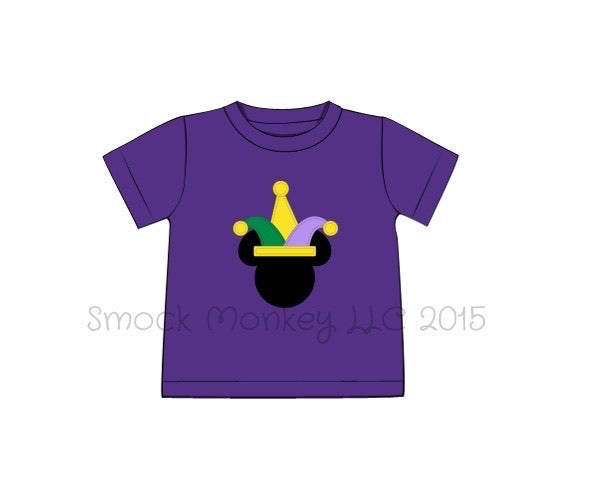 Boy's applique "MARDI GRAS MOUSE" purple knit short sleeve shirt (12m,24m,2t,6t,7t)