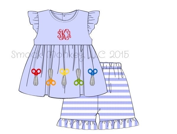 Girl's applique "SCISSORS" blue angel wing swing top and striped ruffle short set (NO MONOGRAM) (3t,7t,8t)