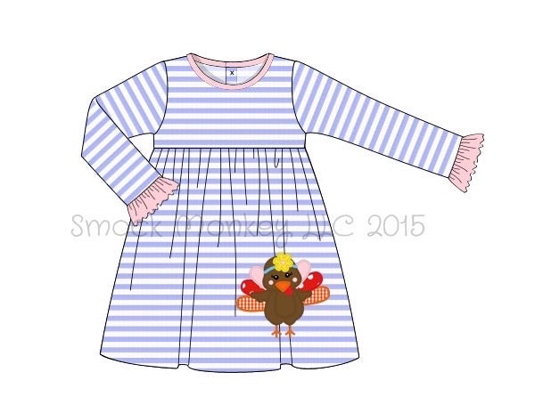 Girl's applique "MS. SUNFLOWER TURKEY" blue striped long sleeve knit swing dress (9m,24m)