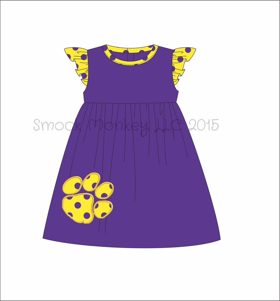 Girl's applique "PAW" purple with yellow polka dot angel wing knit swing dress (6m,9m,12m,24m,2t,3t,6t,10t)