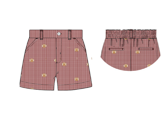 Boy's embroidered "FOOTBALLS" garnet gingham pocket shorts (NB,12m,18m,24m,3t,10t)