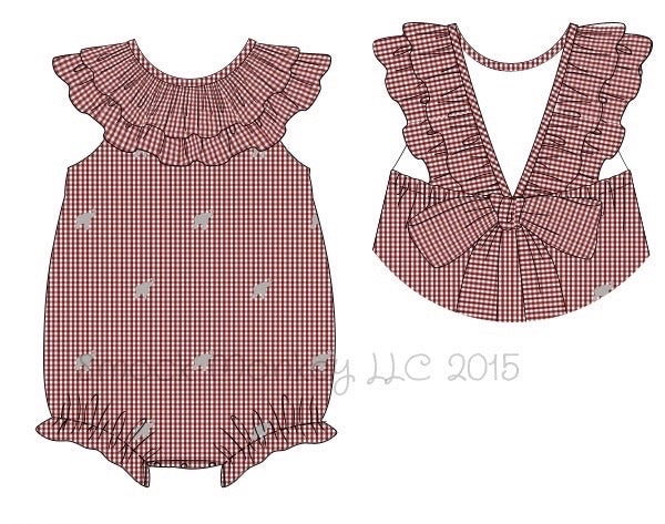 Girl's embroidered "ELEPHANT" garnet microgingham ruffle neck bubble (6m,9m)