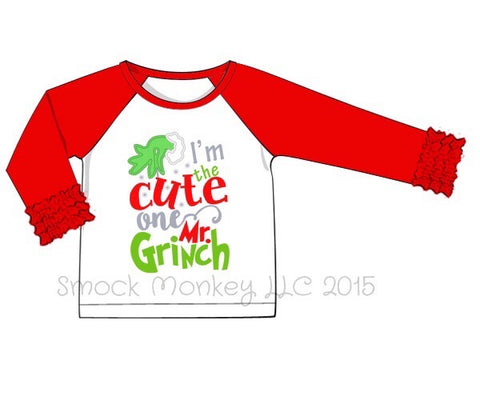 Girl's applique "I AM THE CUTE ONE" baseball shirt with red ruffle sleeves (9m)
