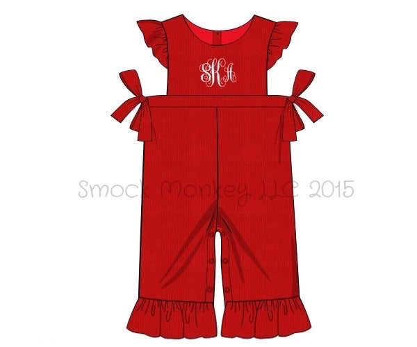 Girl's red corduroy angel wing romper with side ties (NO MONOGRAM) (3m,6m,9m)