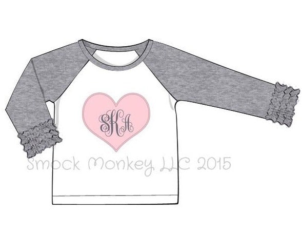 Girl's applique "PINK HEART" white baseball shirt with gray ruffle sleeves (NO MONOGRAM) (24m,2t,3t)