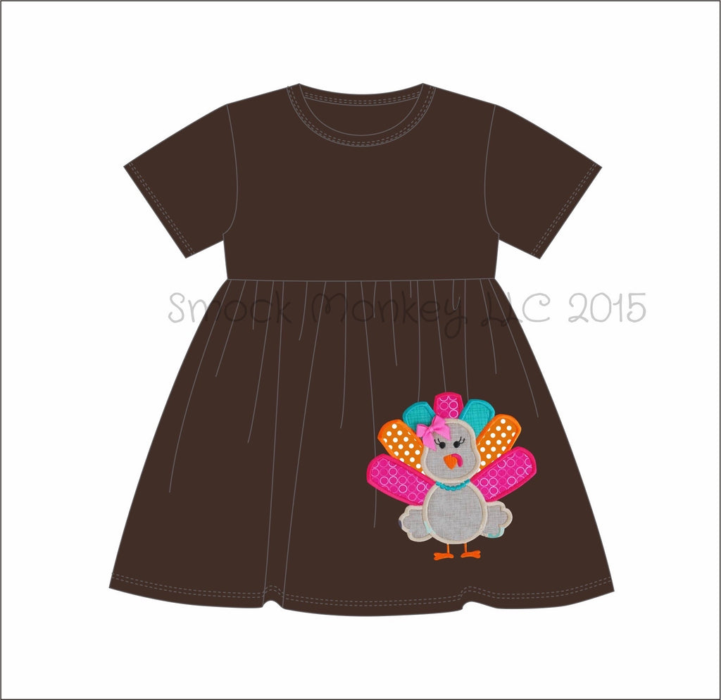 Girl's applique "MS. TURKEY" brown short sleeve swing dress (6m,9m,24m SMOCK MONKEY Girl's applique "MS. TURKEY" brown short sleeve swing dress (6m,9m,24m SMOCK MONKEY