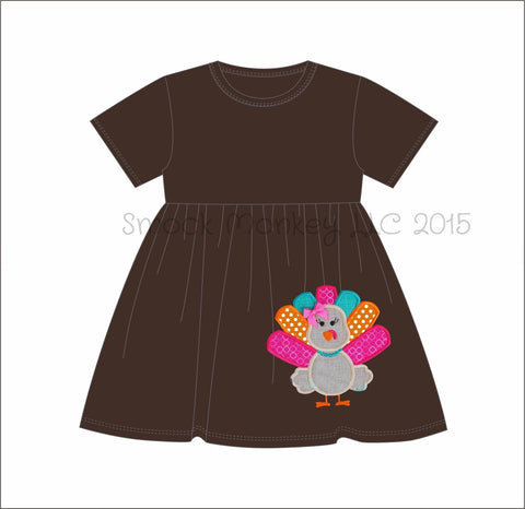 Girl's applique "MS. TURKEY" brown short sleeve swing dress (6m,9m,24m,3t)