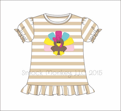 Girl's applique "TURKEY" short sleeve tan striped knit ruffle shirt (12m,24m)