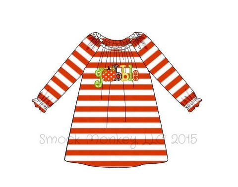 Girl's applique "GOBBLE" orange striped knit long sleeve swing dress (3m,12m,18m)
