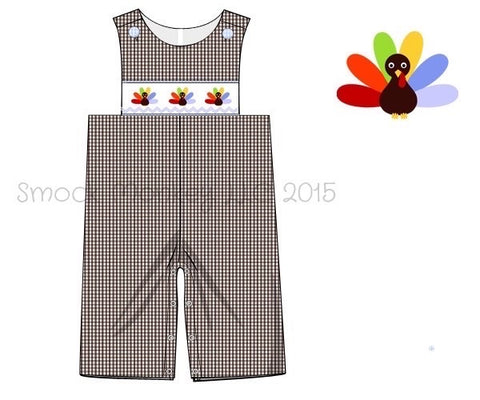 Boy's smocked "TURKEYS" brown microgingham longall (NB)