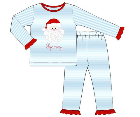 Girl's applique "SANTA" baby blue striped knit two piece set (NO MONOGRAM) (12m,7t)
