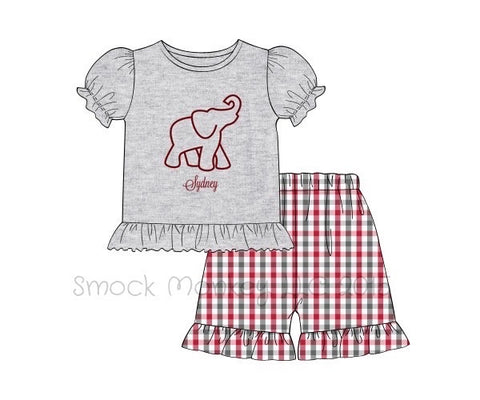 Girl's applique "ELEPHANT" gray short sleeve shirt and garnet/gray plaid ruffle shorts (NO MONOGRAM) (12m,2t,3t,4t,6t,8t)