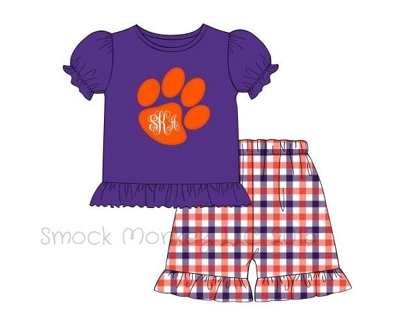 Girl's applique "PAW" purple knit short sleeve shirt and orange/purple plaid ruffle short set (NO MONOGRAM) (18m,3t,4t,5t,6t,7t)