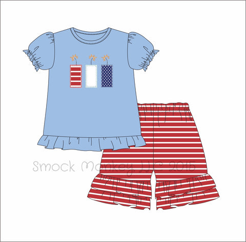 Girl's applique "FIRECRACKERS" blue knit short sleeve shirt and red knit striped ruffle short set (9m)