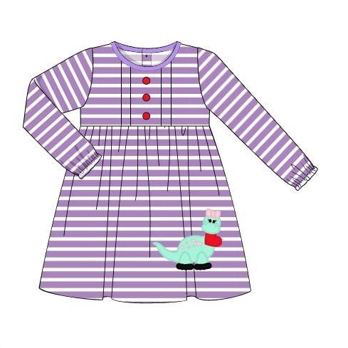 Girl's applique "DINOSAUR LOVE" lavender striped knit button front dress (12m,2t,3t)