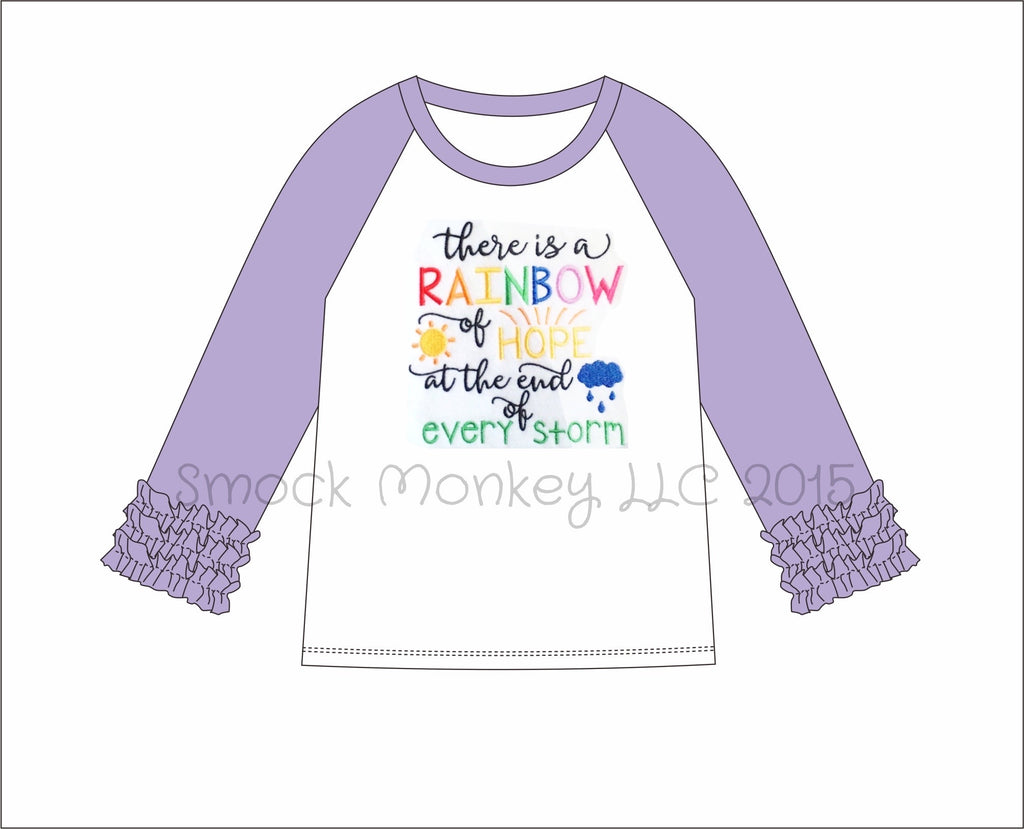 Girl's applique "AFTER THE STORM" white long sleeve with lavender ruffle sleeve baseball shirt (6m,9m,24m,4t,6t,7t)