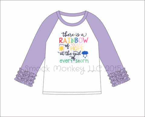 Girl's applique "AFTER THE STORM" white long sleeve with lavender ruffle sleeve baseball shirt (6m,9m,24m,6t,7t)