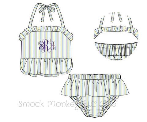 Girl's pastel seersucker with ruffle 2 piece swim suit (NO MONOGRAM) (24m)