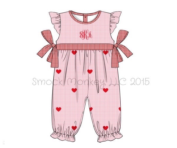 Girl's embroidered "HEARTS" pink gingham angel sleeve long bubble romper (NO MONOGRAM) (3m)