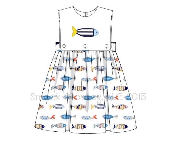 Girl's applique "FISH" white apron tab top fish print swing dress (12m,18m)