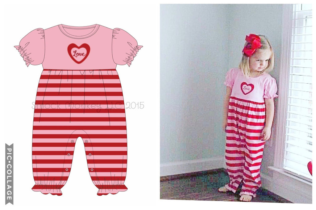 Girl's applique "LOVE" pink short sleeve with pink and red striped long romper (6m,9m,12m,18m,24m,2t,3t,4t)