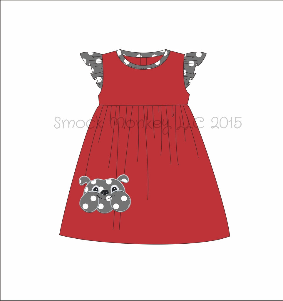 Girl's applique "BULLDOG" red with white polka dot angel wing knit swing dress (6m,12m,24m)