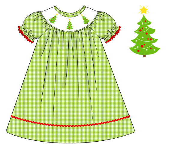 Girl's smocked "CHRISTMAS TREES" lime microgingham short sleeve bishop dress (12m)