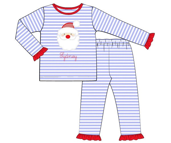 Girl's applique "SANTA" blue thin striped knit two piece fitted pajama set with ruffles (NO MONOGRAM) (9m,12m)