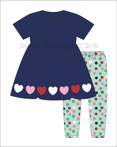 Girl's applique "CANDY HEARTS" navy knit short sleeve swing top and polka dot legging set (3m,6m,24m)
