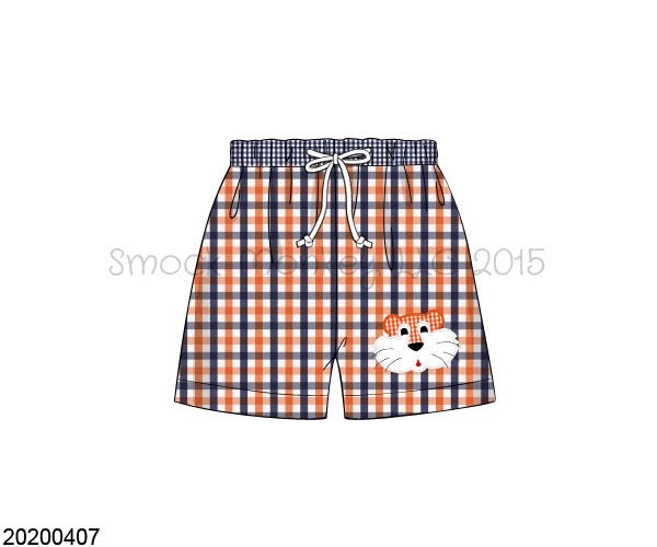 Boy's applique "TIGER" orange and navy gingham swim trunks (10t)