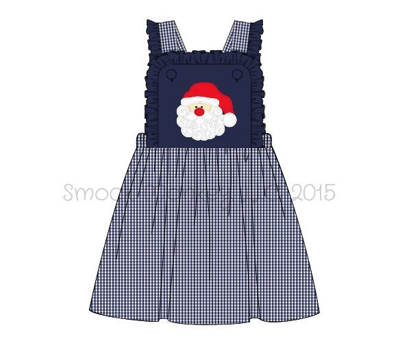 Girl's applique "SANTA" navy and microgingham overall dress (18m)