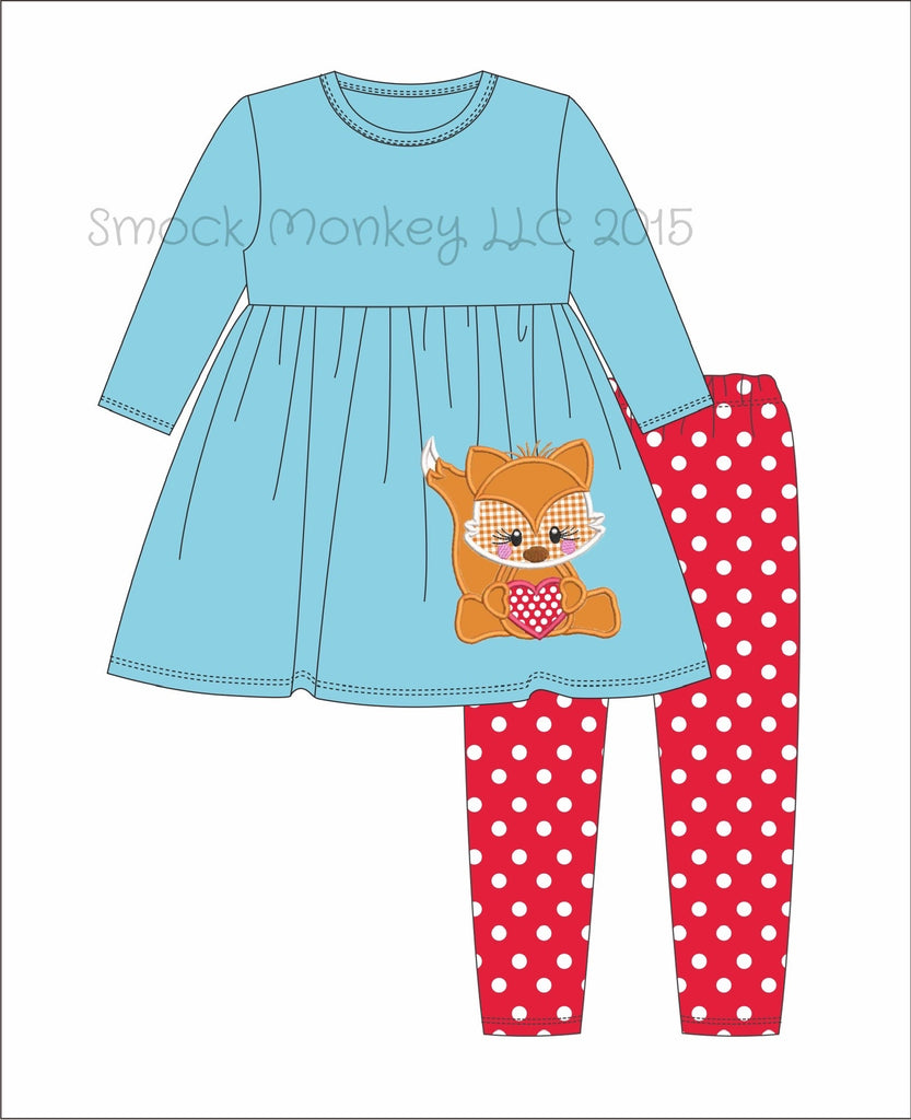 Girl's applique "FOX LOVE" aqua knit long sleeve swing shirt and red polka dot knit leggings (18m)