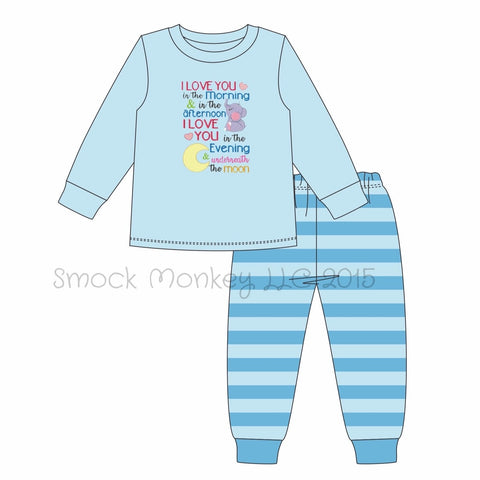 Boy's applique "I LOVE YOU IN THE MORNING" blue long sleeve shirt and striped knit set (12m)