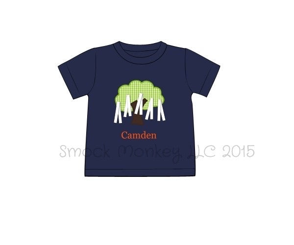 Boy's applique "TREE" navy knit short sleeve shirt (NO MONOGRAM) (NB)