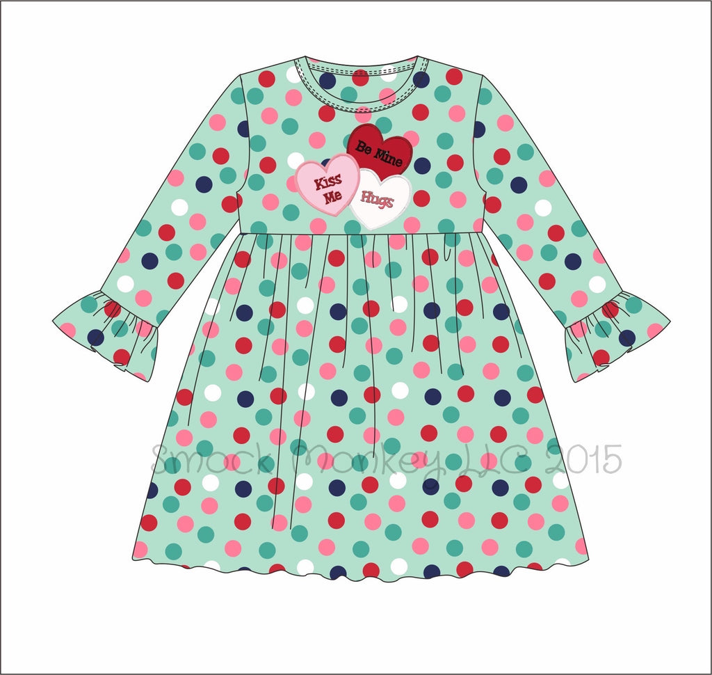 Girl's applique "CANDY HEARTS" aqua / navy / red polka dot long sleeve swing dress (18m,24m,2t)