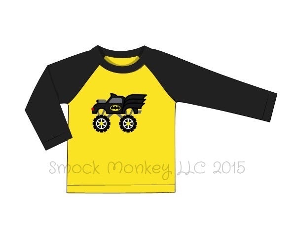 Boy's applique "BATMOBILE MONSTER CAR" yellow and black long sleeve baseball shirt (18m,24m)