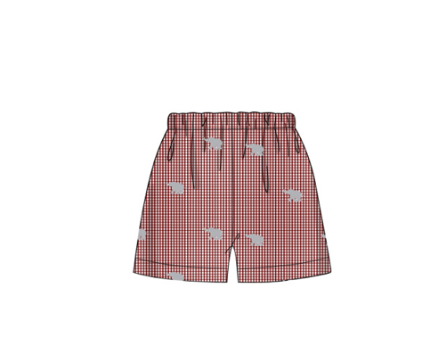 Boy's embroidered "ELEPHANTS" garnet microgingham elastic waist shorts (7t,8t)
