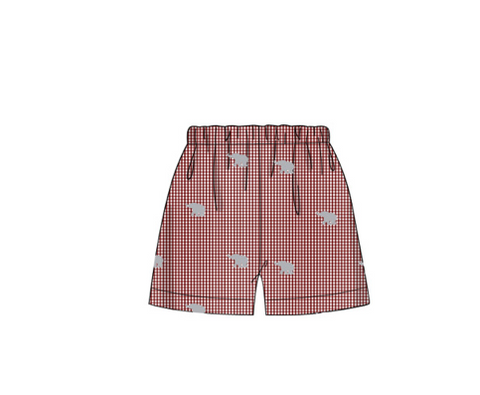 Boy's embroidered "ELEPHANTS" garnet microgingham elastic waist shorts (7t,8t)
