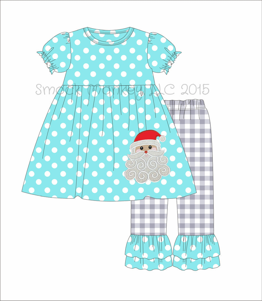 Girl's applique "SANTA" aqua polka dot swing top and gray gingham knit ruffle pants (12m)