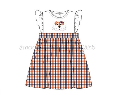 Girl's applique "TIGER" white with orange and navy plaid angel wing dress (18m,24m,2t)