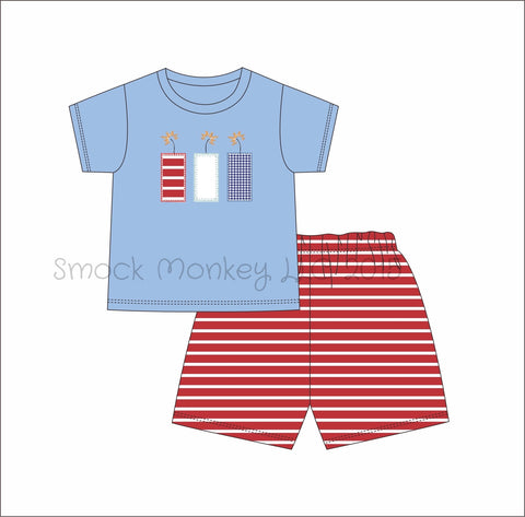 Boy's applique "FIRECRACKERS" blue knit short sleeve shirt and red knit striped short set (12m)