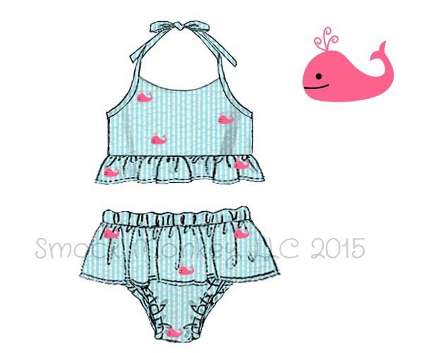 Girl's embroidered "WHALES" aqua seersucker two piece swim suit (24m)