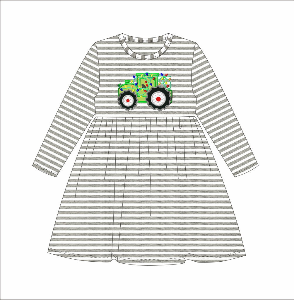 Girl's applique "TRACTOR OF LIGHTS" gray striped knit long sleeve swing dress (9m,2t)